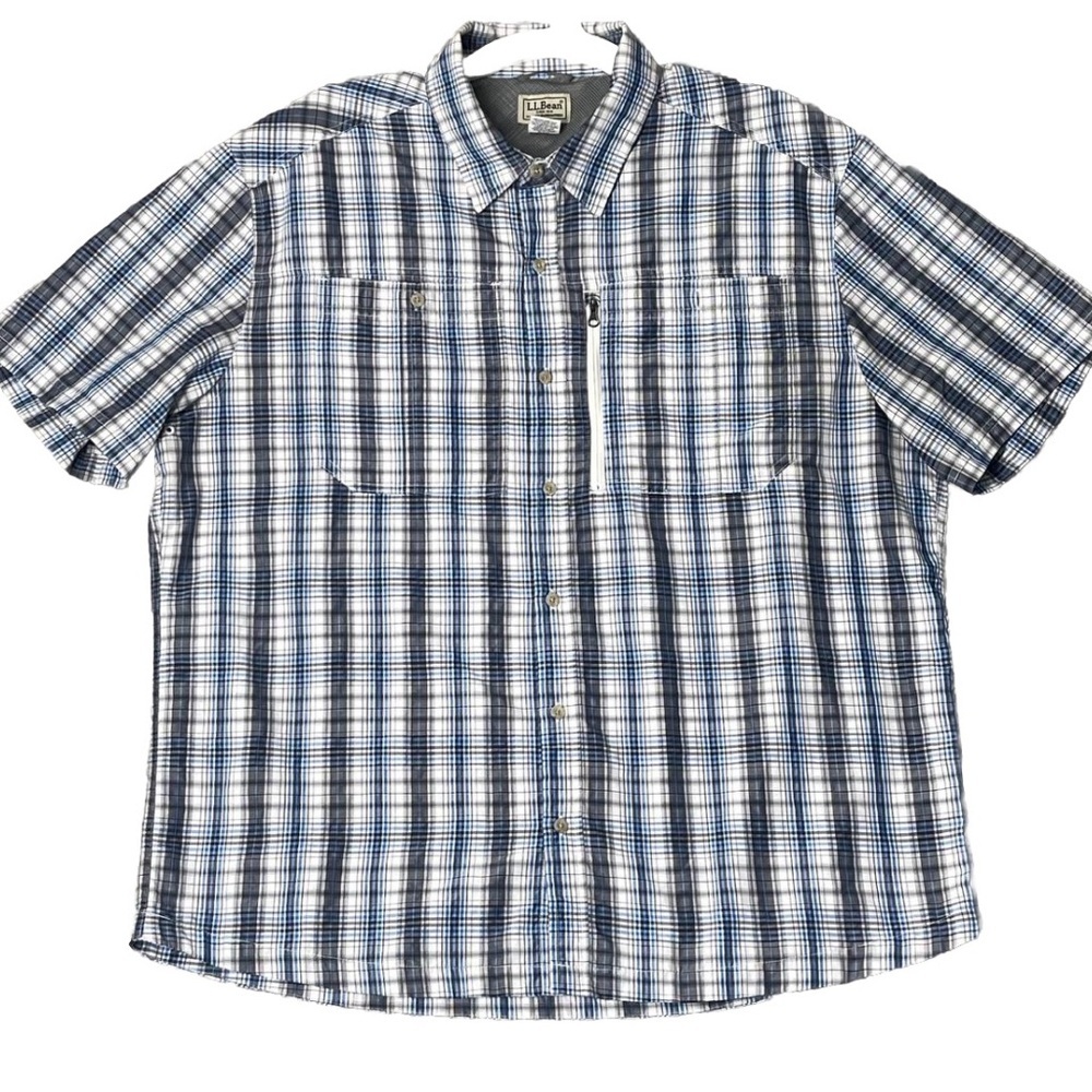LL Bean Men's XL Reg Cool Weave Shirt SPF 50+ Button Up Plaid Moisture Wick Blue